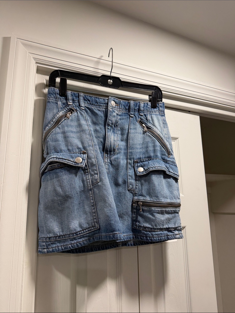 We the Free- Light Wash Denim Cargo Mini Skirt with Zippers
